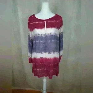 Barbara Lesser Size L Keyhole  Pink Purple Tie Dyed Roll Tab Cupro Rayon Tunic